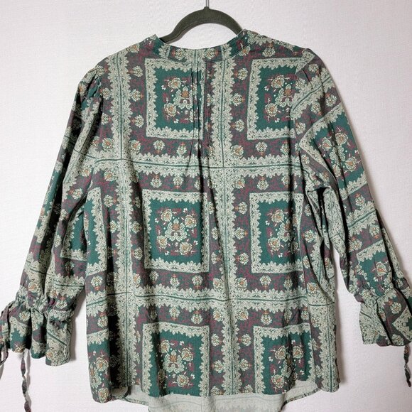 Porridge Womens Tunic Top Sz 1X Long Puff Sleeves Pleated Green Wine Floral Y2K - Picture 3 of 13